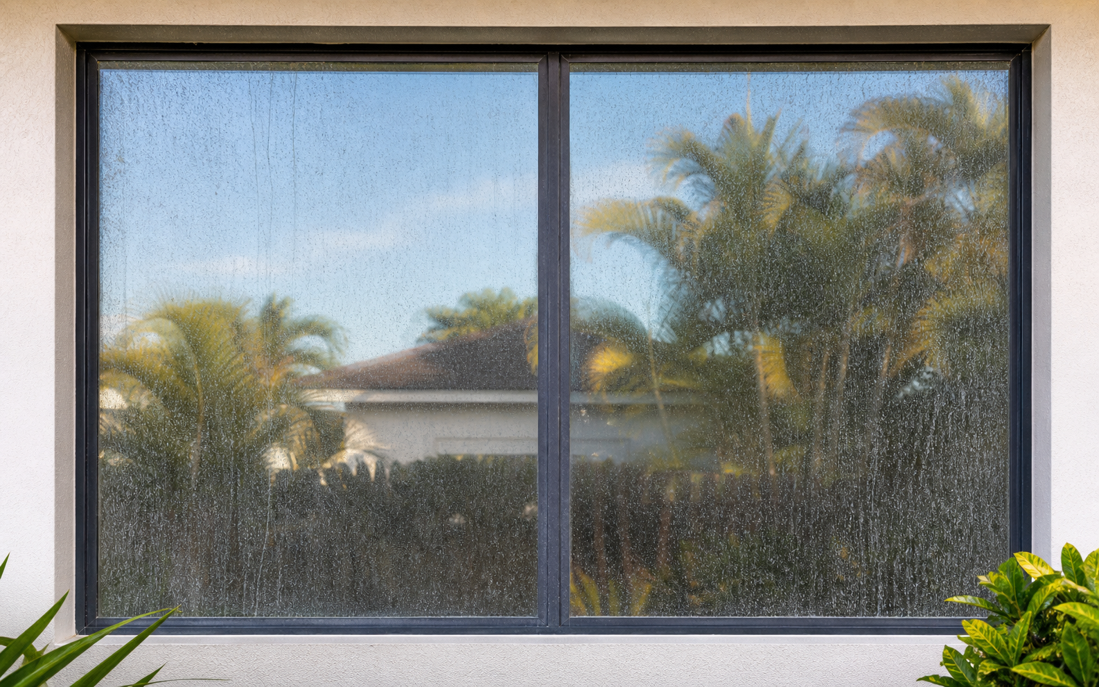 A Clearwater residential window before cleaning, covered in mineral spots and grime